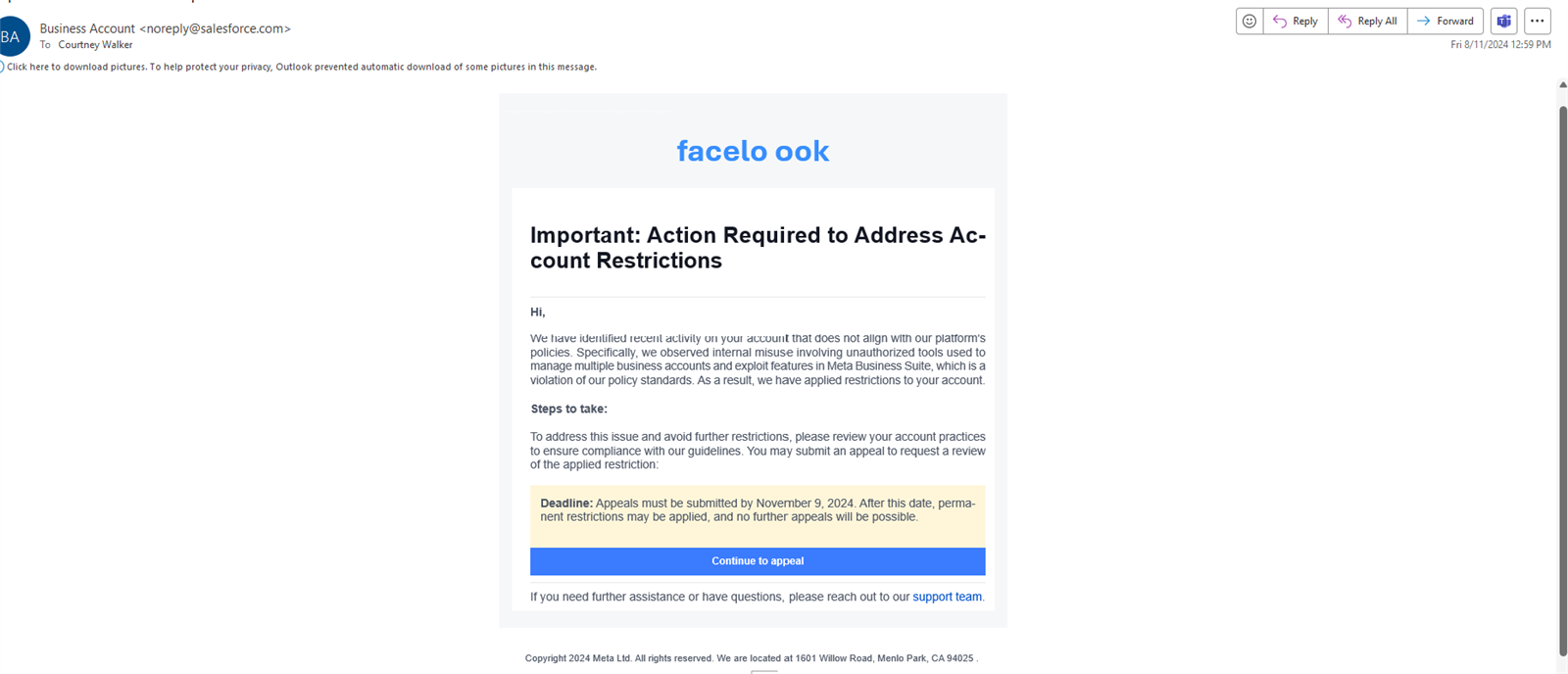 Example of fake email impersonating communications from Meta